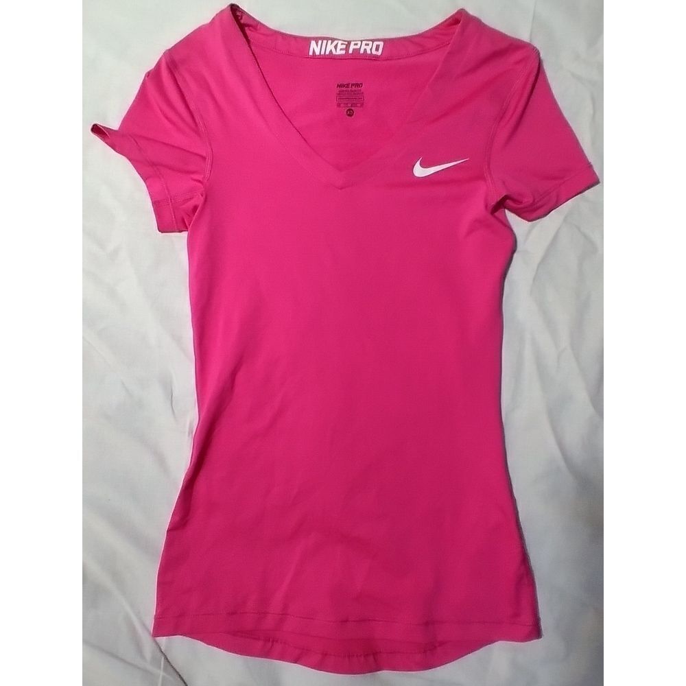NIKE PRO WOMENS PULLOVER T SHIRT TOP V NECK DRI FIT SHORT SLEEVES PINK SIZE XS